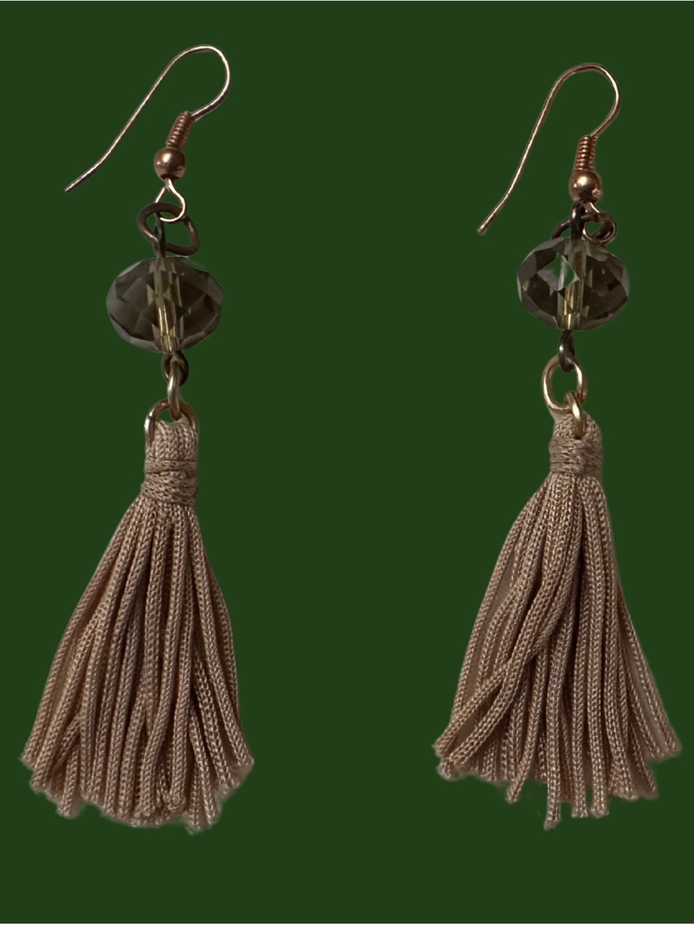 Neutral Taupe Tassel Earrings with Faceted Smoky Bead